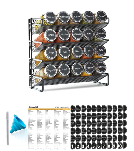 Image of SpaceAid Spice Rack Organizer with 20 Spice Jars, 386 Spice Labels, Chalk Marker and Funnel Set for Cabinet, Countertop, Pantry, Cupboard or Door & Wall Mount - 20 Jars, 9.8 inch W x 10.8 inchH, Black