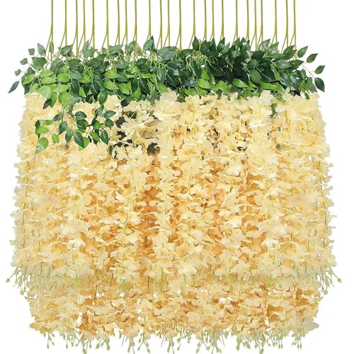 Image of Tia Crafts Artificial Hanging Flowers for Ceiling Balcony | Wisteria Vine | Home Party Decor Garden Outdoor Greenery Office Wall Decoration | Waterproof Washable - 3.7ft /45 inch (6, Off-White)