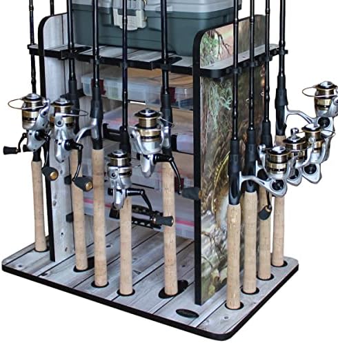 Rush Creek Creations 14 Fishing Rod Rack with 4 Utility Box Storage Capacity - Fishing Pole, Tackle Box, and Equipment Holder, Bass Inspired Finish (38-3009)