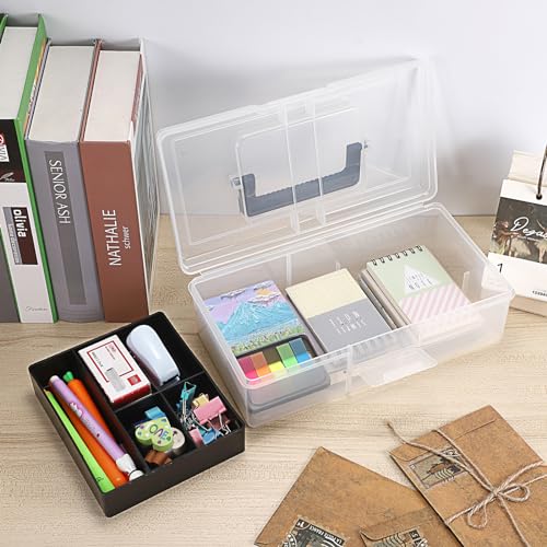 Image of BTSKY Clear Plastic Storage Box with Removable Tray Multipurpose Stationery Storage Box with Handle Handy Sewing Box Art Craft Supply Organizer Home Utility Box (Light Black)