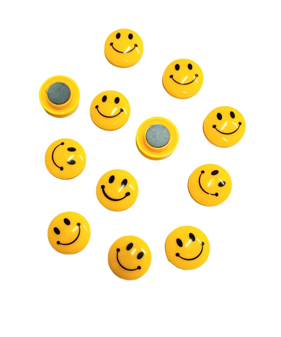 Just Flowers Smiley Face Magnets for Refrigerator - Set of 12 Plastic, Whiteboard Magnet, for Kids (3 CM Round, Pack of 12, Yellow)