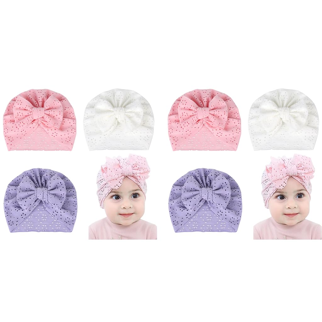6PCS Baby Cap for 3-6 Months, Soft Baby Turban Cap for Baby Girl Boy, Stretchy Big Bow Baby Caps for Born 0-3 Months, Breathable Lovely Newborns Infant Hat Shower Gifts