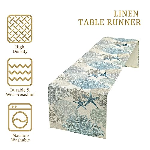 Image of Coastal Beach Tablecloth,Sea Animals Starfish Summer Theme Nautical Sea Shells Satrfish Theam,Summer Ocean Home Decor for Table Dining Room Kitchen,Blue,13x60 inch