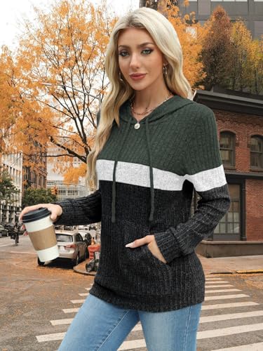 MixShe Women’s Color Block Knit Hoodie – Casual Long Sleeve Pullover Sweater Tops with Pocket