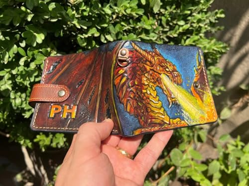 Dragon fire Wallet, Dragon Wallet, 3D Genuine Leather Wallet, Carving Wallet, Bifold Wallet, Biker Wallet, Animal Wallet, Airbrush Art, Custom wallet, Tooled Wallet, A2