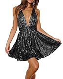 R.Vivimos Women's Sequin Dress Spaghetti Strap Sexy Deep V Neck Backless Glitter Club Party Skater Swing Mini Dress (Small, Black)