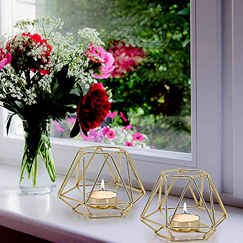 2 Pcs Geometric Metal Tealight Candle Holders, Hexagon Votive Candle Centrepiece For Wedding, Living Room, Bathroom, Tables Décor (Gold) #TOP3
