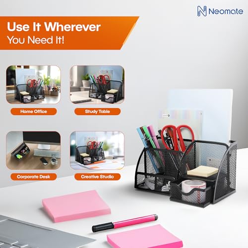 Image of Neomate Metal Mesh Pen and Pencil Organizer | 6-Compartment Stationery Storage Box for Home & Office Accessories