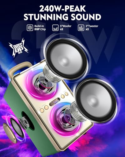 Image of YIER Bluetooth Speaker, 240W Peak Loud Party Speaker with Big Bass, 20H Playtime, TWS, BT5.3, Large Portable Wireless Boom Box with LED Light for Outdoor Backyard Beach Home (Leather Green)