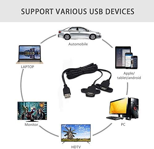 USB 2.0 Male to Dual Female Charging Extension Cable, Furniture nightstand USB Charging Port,Panel Mount Cable with Screw Hole Used for: Mobile Phones, Table Lamps, Portable Power and More(1.5m)