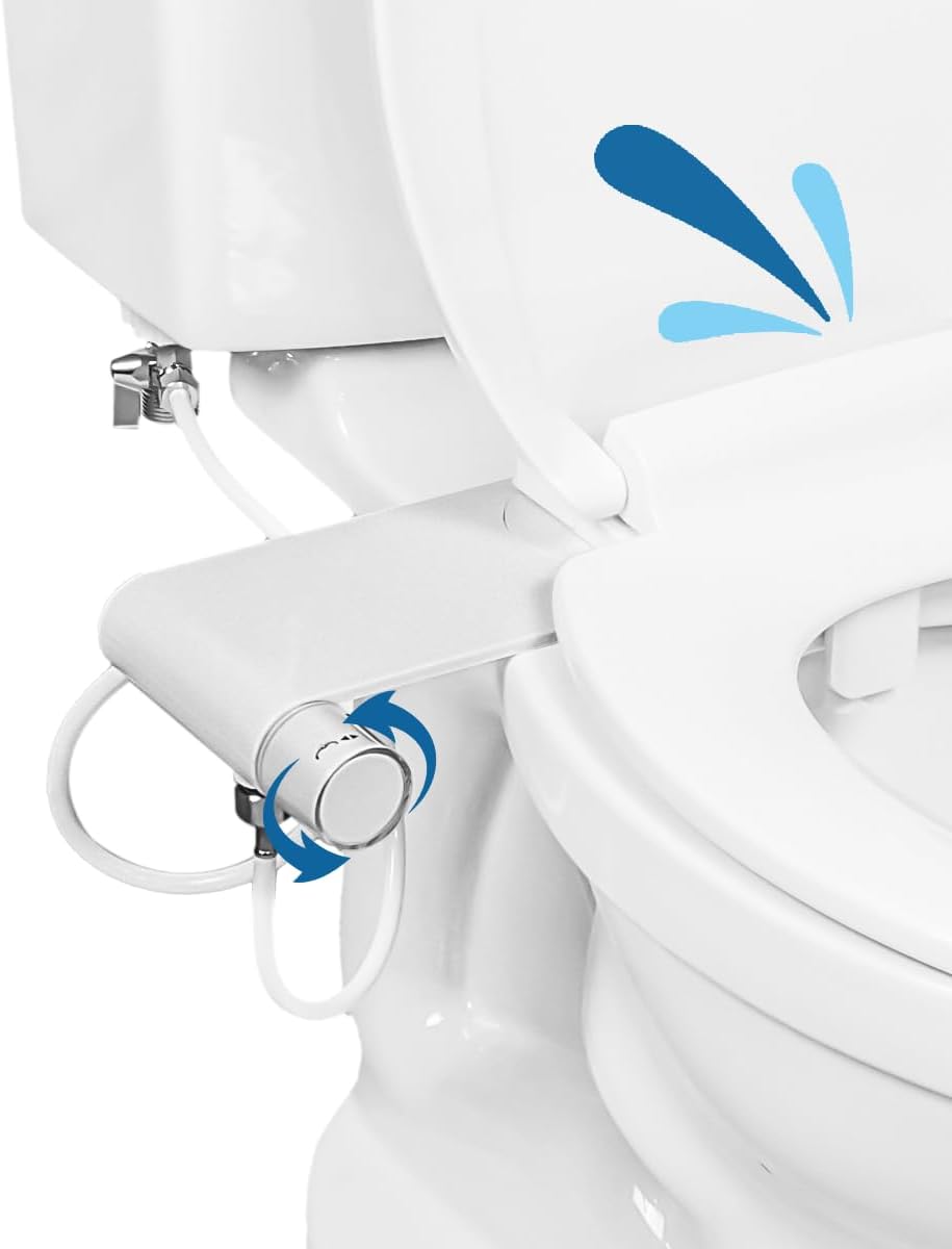Rear & Feminine Right Handed Ultra Thin Bidet Attachment for Toilet with Self Cleaning Dual Nozzles - No Wiring Needed - Easy DIY Install - Includes Hybrid Brass 3-way T with ON/OFF & Travel Bidet