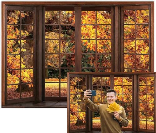 ChloropLastid Fall Window Backdrop Autumn Landscape Forest Photography Background Thanksgiving Season Natural Scenery Banner Decoration Photo Studio Booth Props 10X6.5FT