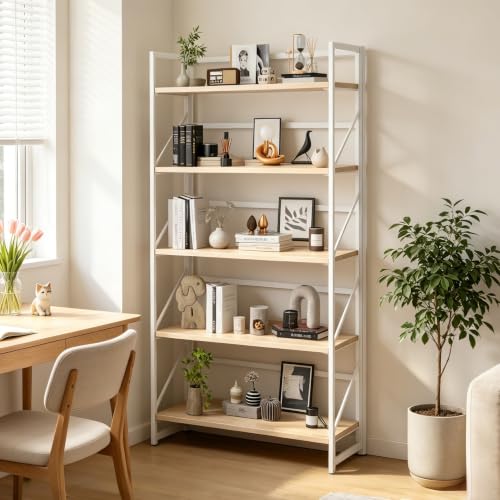 Image of JSB 5 Tier No Assembly Folding Bookshelf, 30.7 inch Wide Foldable Storage Bookcase for Home Office, Space-Saving Storage Shelf for Living Room (White)