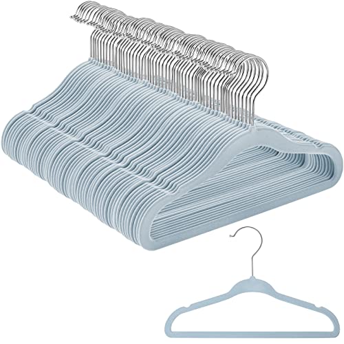 Image of Amyhill 100 Pack Baby Kids Velvet Hangers Bulk Non Slip Clothes Hangers Durable Newborn Velvet Space Saving Infant Nursery Hangers Newborn Toddler Velvet Hangers(Sky Blue,Baby)