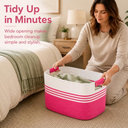 Image of 22.8GAL Extra Large Collapsible Laundry Basket for Dirty Clothes,Shoes, Sturdy Portable Aesthetic Boho Heavy Duty Wicker Hamper for Living Room Thow Pillows Blankets Storage Organizer,Hot Pink