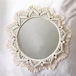 KHiry Hanging Wall Mirror with Macrame Bohemian Fringe Round Mirror Boho Macrame Circle Hanging Mirrors Bohemian Wall Hanging Mirror Decorative for Living Room Bedroom Home Decor