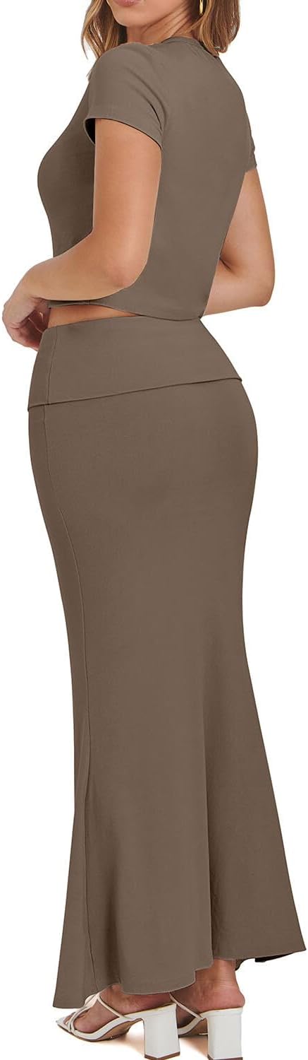 CHYRII Womens Two Piece Sets Short Sleeve Crewneck Cropped Top Bodycon Fold Over Maxi Skirt Maxi Dress Outfit - Image 5