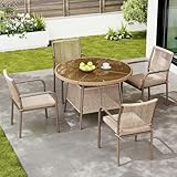 KOMHTOM Salon de Jardin Extérieur 4 Personnes, Ensemble Table Ronde en Verre Trempé et 4 Chaises avec Coussins, Structure Fer et Dossier Tressé, pour Patio, Terrasse,Balcon (Brun)