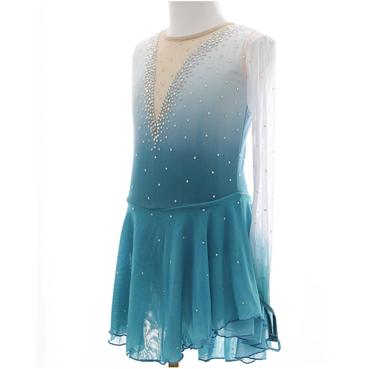 purpleq Damen Eiskunstlauf Kleid Langarm Kürkleid mit Strass Rollkunstlauf Wettbewerb Tanzanzug Gymnastikanzug Professionelle Eiskunstlauf Bekleidung Für Mädchen