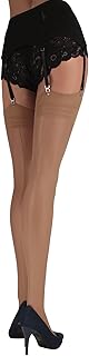 JUST BEAUTY TOUCH Thigh High Sheer Stockings for Garter Belt with Back Seam - Women 20 Denier Lingerie Socks with Patterned Top (Garter Belt Not Included)