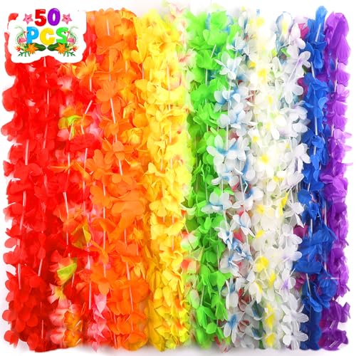 50 PCS Hawaiian Leis Bulk Colorful Tropical Flower Necklace for Luau Party Decorations Summer Beach Party Favors Hawaii Theme Birthday Decor Pool Party Supplies Hawaiian Garland Silk Flower Lei