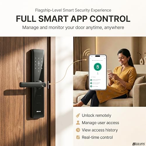 Image of Golens X33 Glossy Smart Door Lock | 6-in-1 Keyless Entry | Fingerprint, PIN, RFID, OTP, Mobile App & Key | WiFi Digital Lock (No Gateway Required) | Anti-Theft Alarm | Fits 30-100mm Doors