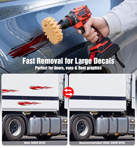 Image of Eraser Wheel Decal Remover Tool Kit - 2 Pack Slotted Rubber Wheels with Razor Blade Scrapers & Drill Adapters - Professional Adhesive Pinstripe Sticker Remover for Cars, Trucks, RVs