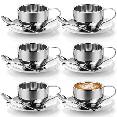 Acellegic 6 Pack Stainless Steel Coffee Cups Set, 6oz Insulated Espresso Cups with Spoon and Saucer, Double Walled Coffee Mugs for Latte, Tea, Milk, Cappuccino