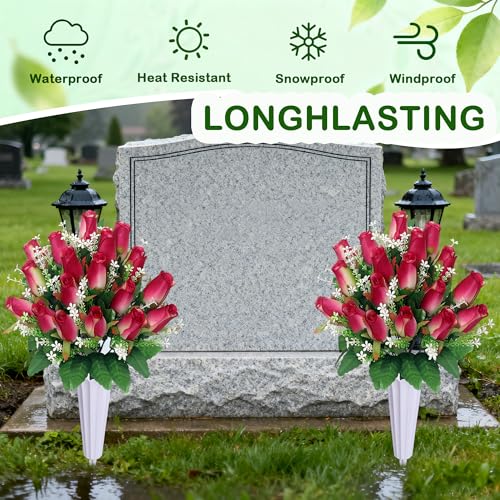Artificial Cemetery Flowers for Grave,2Pack Memorial Roses Bouquets with Vase for Grave Tombstone Decorations (2, Rose Red) image 2
