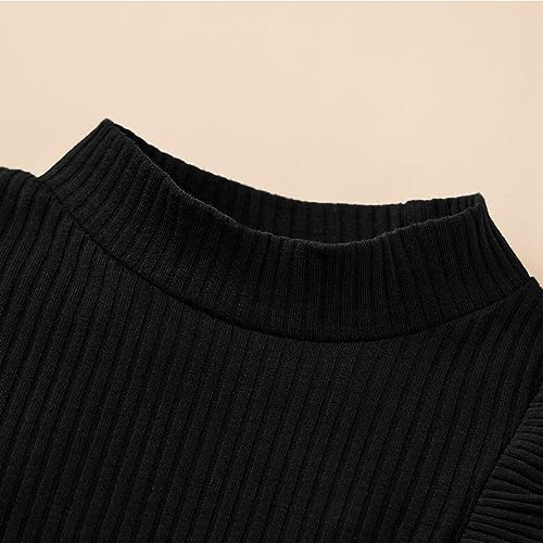 Image of Weixinbuy Toddler Girl Fall Winter Clothes Solid Long Sleeve Ribbed T-Shirt Knit Tops Plaid Button Mini Skirts Set Outfits