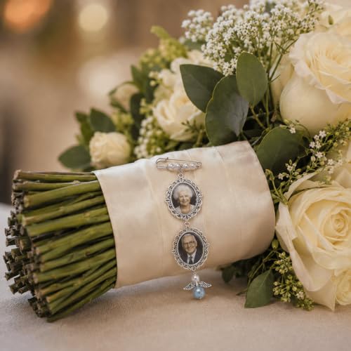 Image of MIXJOY Something Blue Gift for Bride, Wedding Day Bridal Blue Pearl Angel Wings Bouquet Garter Charm for Bride to Be