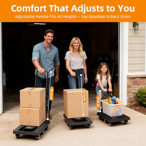 Dolly Cart with Wheels 440lbs, Folding Hand Truck with 6 TPE Wheels (2 with Brakes) & 21 in Extendable Full Platform, Foldable Cart with 2 Elastic Straps for Easy Moving, Travel, and Storage, Black - Thumbnail 4