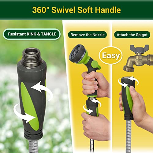 360Gadget Garden Hose - Water Hose 50 Ft With Swivel Handle & 8 Function Nozzle, Flexible, Heavy Duty, No Kink, Lightweight Metal Hose For Outdoor, Yard, 304 Stainless Steel #TOP4