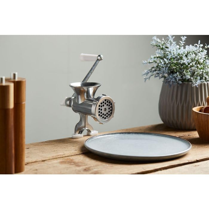 Tritacarne manuale in alluminio L 13 cm H 24 cm con manico in plastica con lama in ghisa