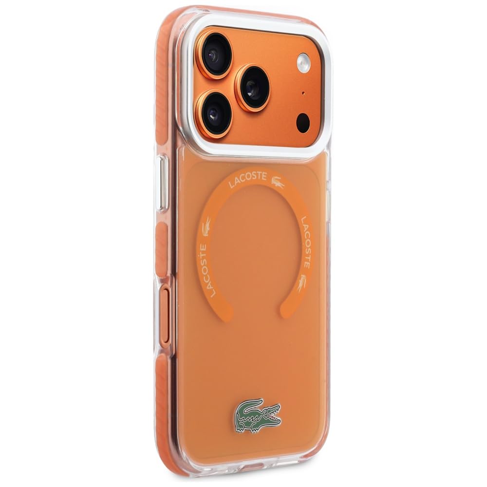 CG MOBILE Lacoste Coque anti-chocs transparente givrée compatible avec MagSafe pour iPhone 17 Pro, orange