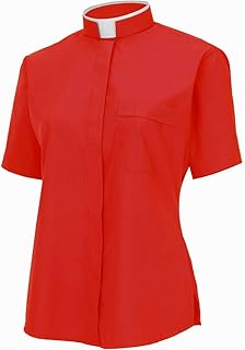 Womens Short Sleeves Tonsure Collar Clergy Shirt (Red)