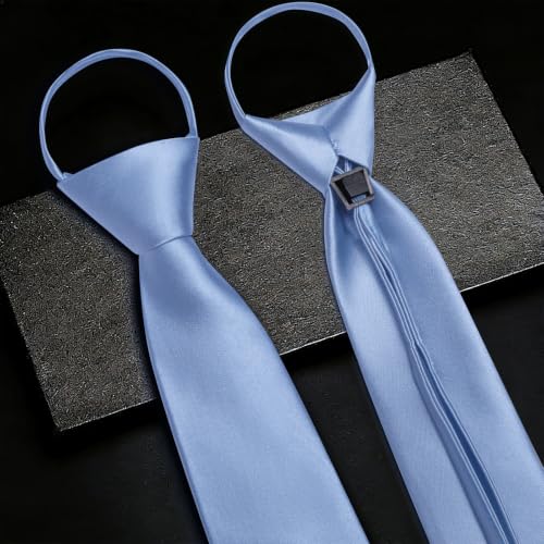 Image of Zipper Tie for Men Adjustable Pre-tied Satin Neckties and Pocket Square Set Solid Color Business Formal Wedding