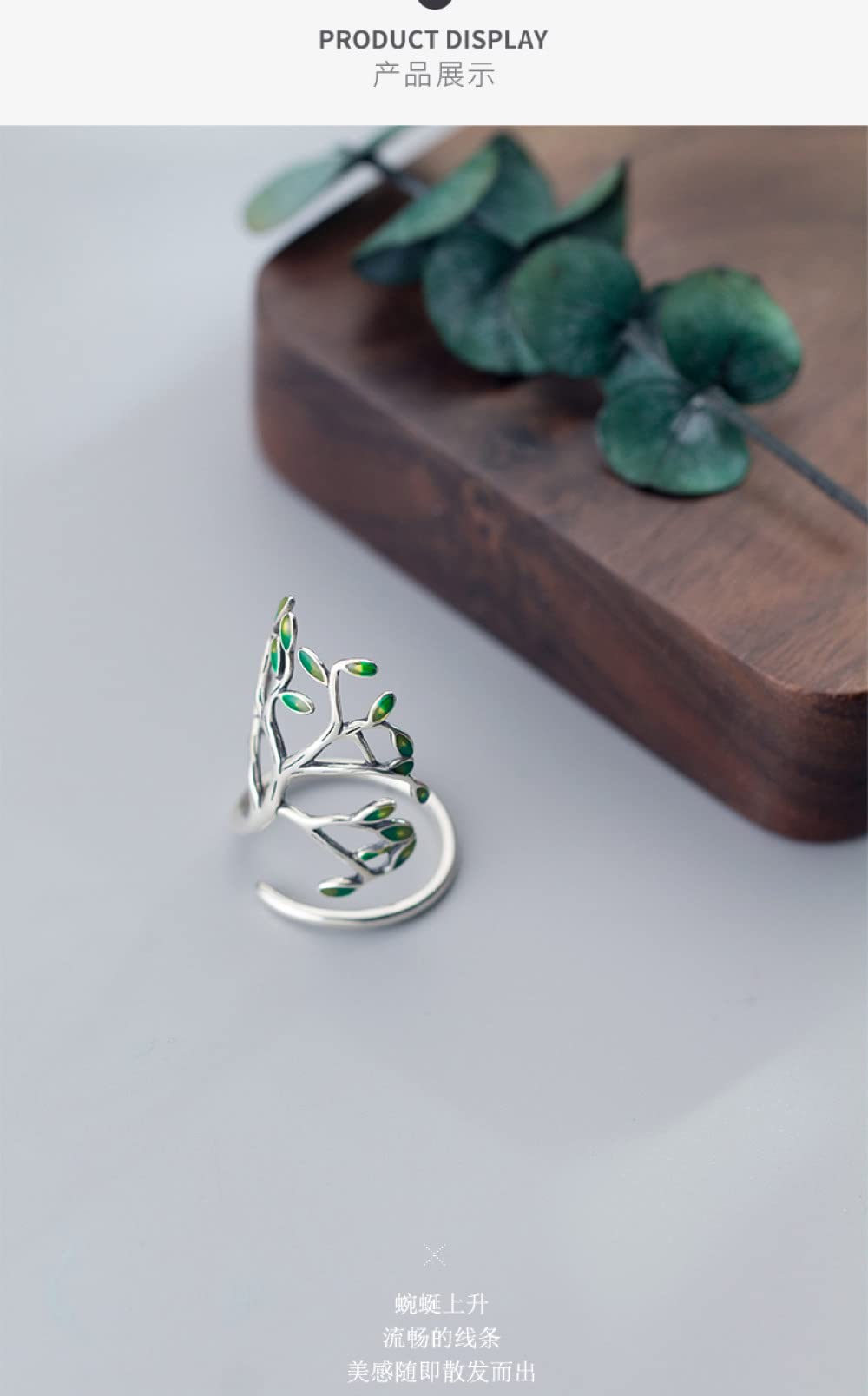 HGJH Verstellbarer Ring, S925 Sterling Silber Grüner Blattzweig Ring Verstellbare Ringe Kleiner Frischer Offener Ring Silber Daumenring Ewigkeitsring Hochzeitscharme Schmuck Geschenke Für Männer Mädc
