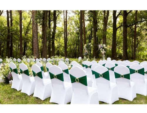 Image of 50 Pack Hunter Green Chair Sashes, Dark Green Spandex Chair Bands with Gold Buckle Slider for Christmas Forest Party Folding Chairs Birthday Decor, Green Chairs Bows Ties