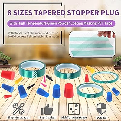 Swpeet 104Pcs 36 Yards 4 Sizes 1/4,1/2, 7/10, 1 Green Powder Coating Masking PET Tape with High Temp Silicone Rubber Protective Tapered Plug Assortment Kit for Painting, Powder Coating