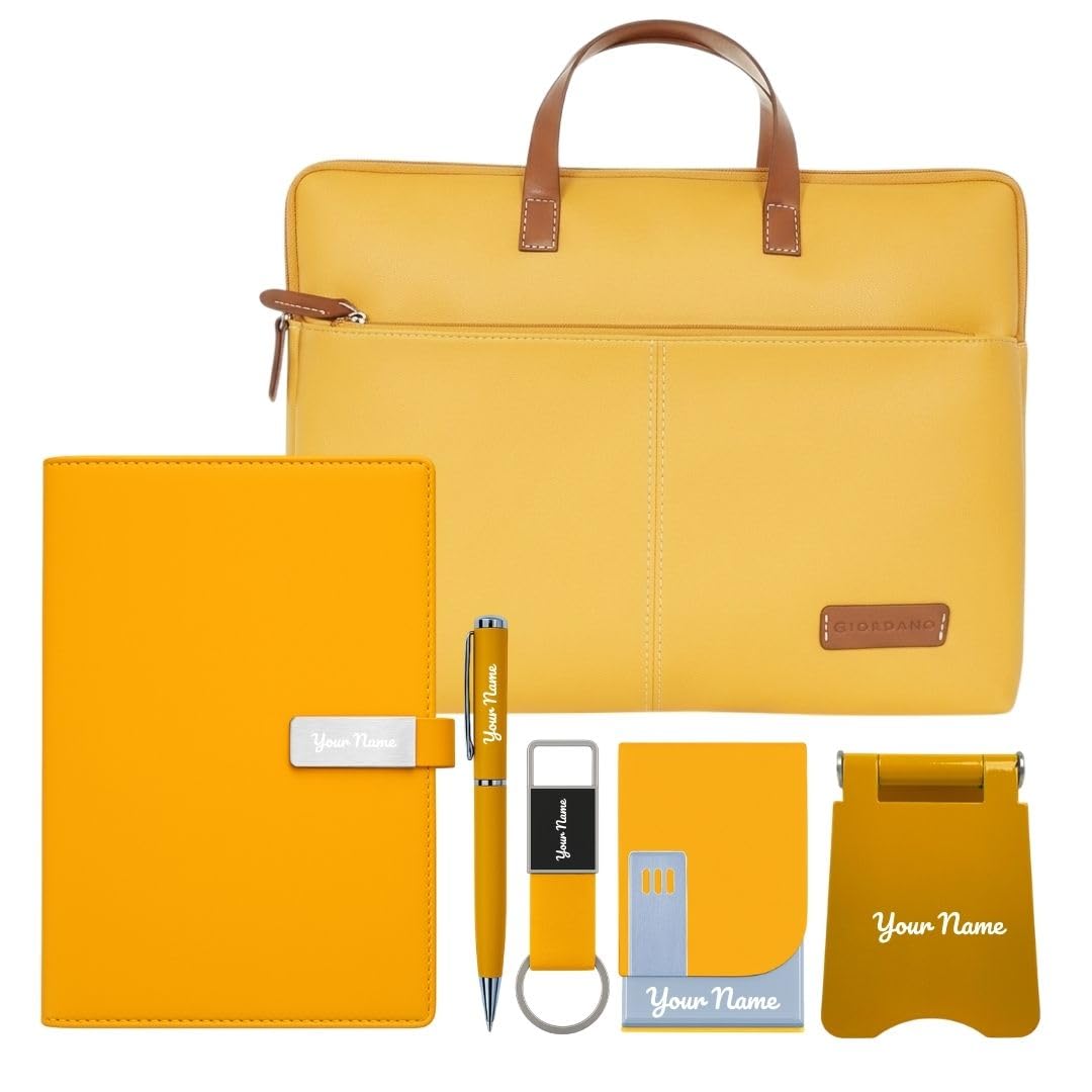 Giftana 6 in 1 Laptop Bag with Personalized Diary and Pen, Keychain, Card Holder, Mobile Stand with Name, Customized Fathers Day Gift for Dad, Corporate Gift for Employees (Yellow)