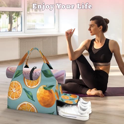 Yoga Tote Bag for Women Fruit Orange Beach Bag with Shoe Storage & Yoga Mat Strap Waterproof Weekender Duffle Bag for Travel Fitness Weekend Trips2