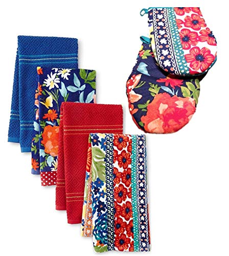 Pioneer Woman Dazzling Dahlias Mini Mitts, Set of 2 and Fiona Floral Kitchen Towels, Set of 4