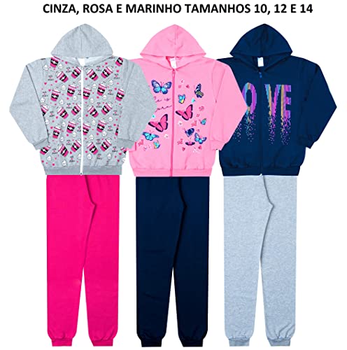 Kit 3 Conjunto Moletom Juvenil Menina Atacado (10, Cinza - Rosa - Marinho)