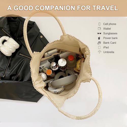 Image of Long Keeper Beach Bags for Women Summer Straw Bag with Zipper Woven Shoulder Handbag Beach Tote Bags for Travel Vacation