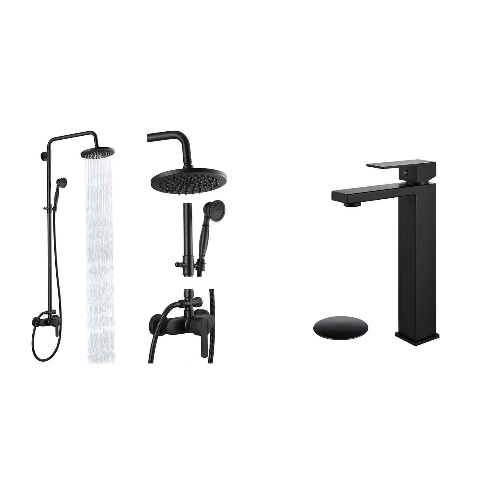 Hcfyauis Black Matte Exposed Pipe Shower System 8 Inch Rainfall Shower Head Brass Fixture With Tall Body And Drain