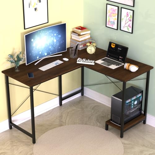 Image of RIZIK STORE L-Shaped Computer Desk | 50-Inch Corner Gaming & Study Table with Engineered Wood Top, Metal Frame & CPU Shelf | Writing Workstation for Bedroom, Office & Small Rooms (Brown)