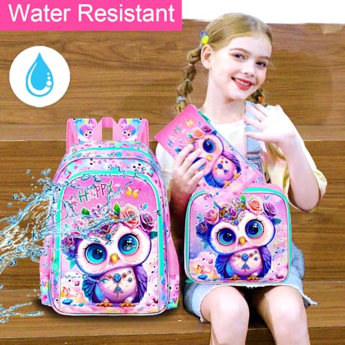 Image of 16 inch Backpack for Girls, 3Pcs Kids Bookbag with Lunch Box,Owl School Backpacks for Elementary Preschool Kindergarten (Pink)