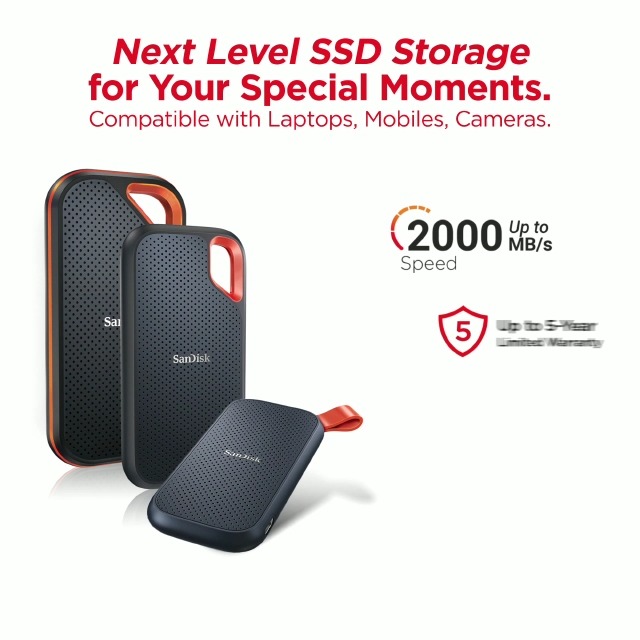 SanDisk 2TB Extreme Pro Portable SSD 2000MB/s R/ W, Upto 3 meter