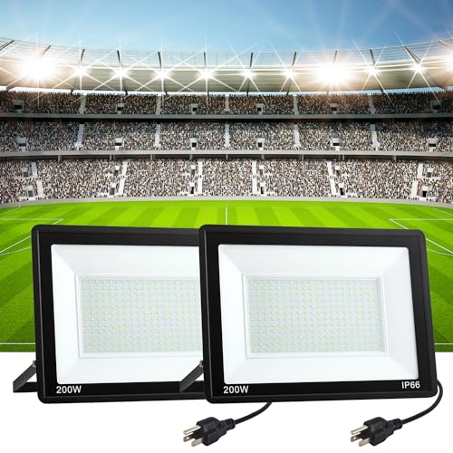 2 Pack 200W LED Flood Light Outdoor Plug in,25000 LM Super Bright Security Lights,IP66 Waterproof 6000K Daylight White Stadium Lights,Floodlights for Garage,Yard,Garden,Playground